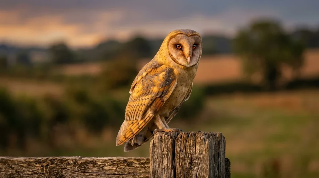 Barn owl perched at twilight