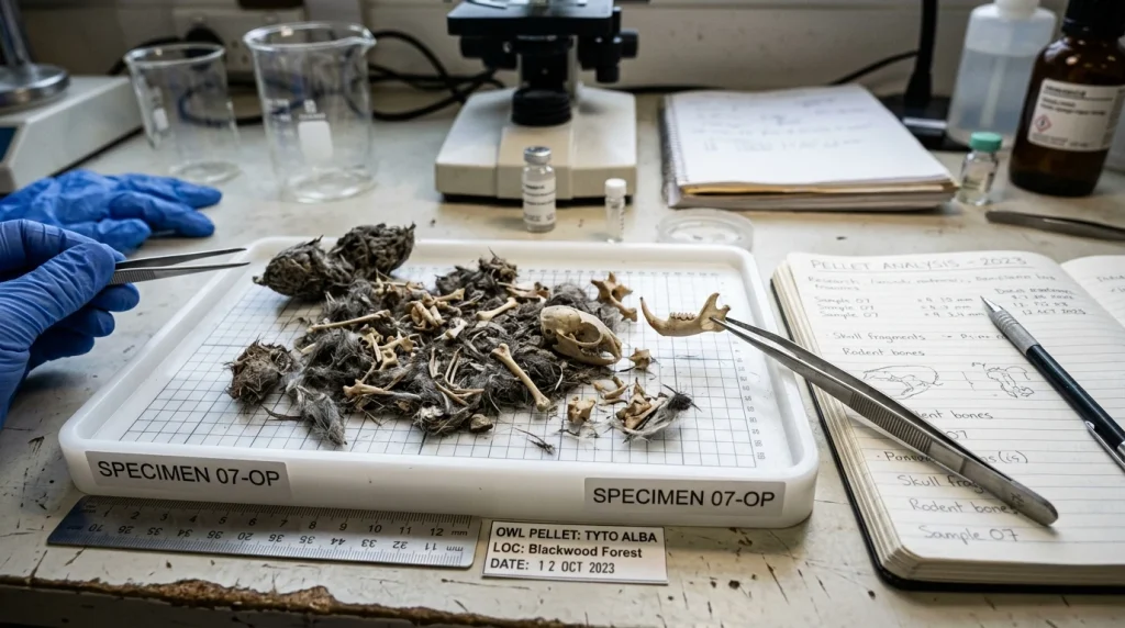 Dissected owl pellet showing small mammal bones in laboratory