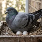 Parent pigeon brooding over eggs in nest