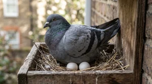 Parent pigeon brooding over eggs in nest