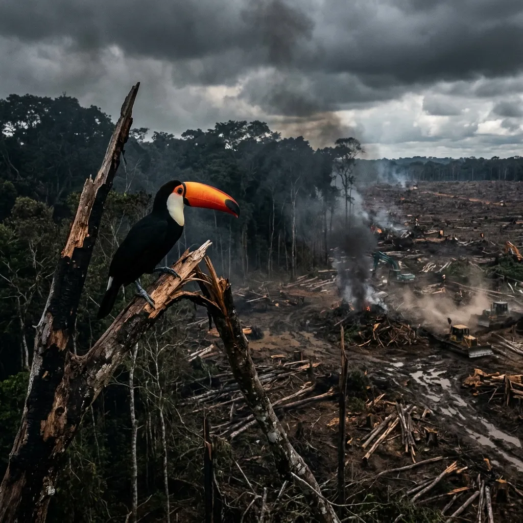 Deforestation in the Amazon rainforest threatening the natural habitat of toucans