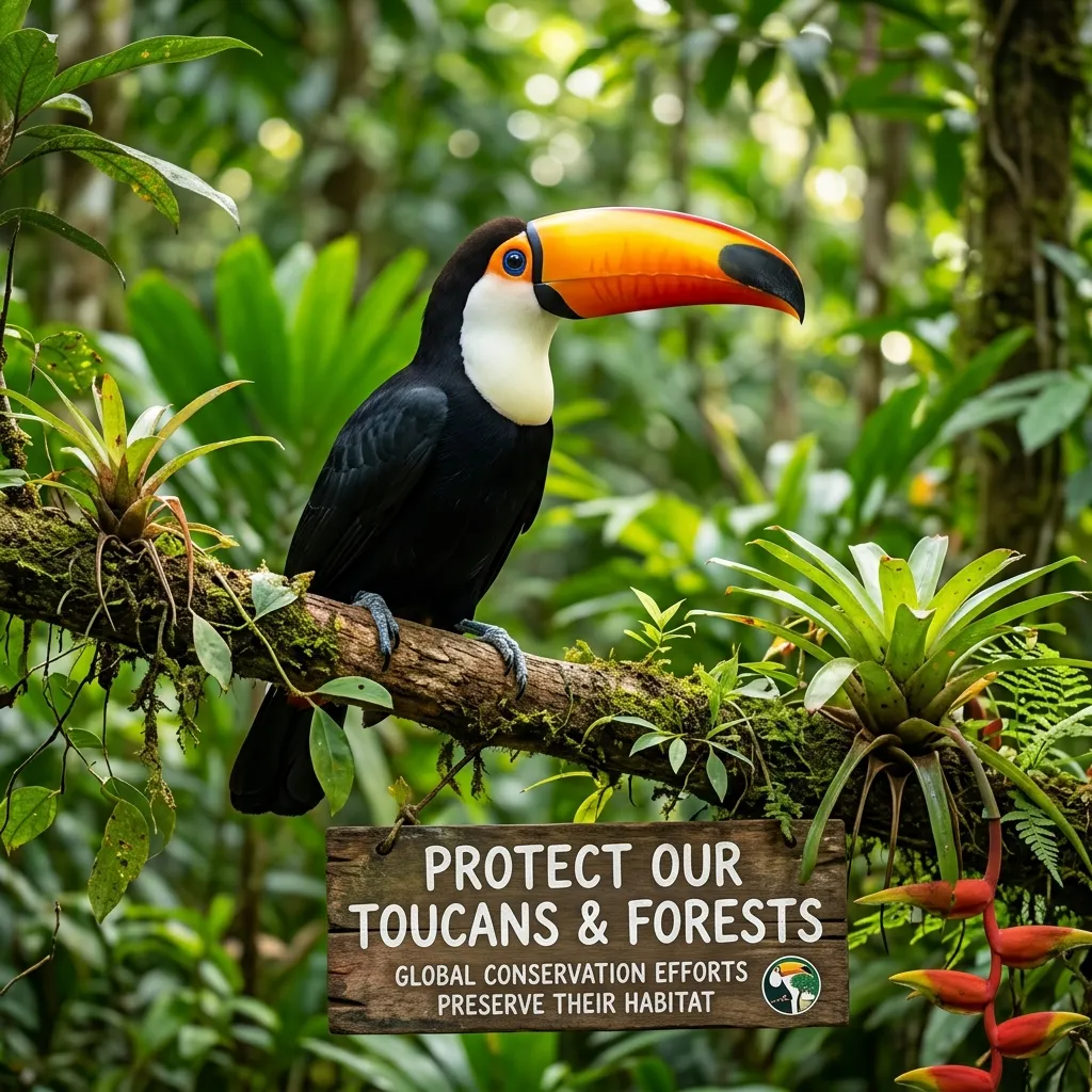 A vibrant Toco toucan resting on a branch, highlighting global conservation efforts